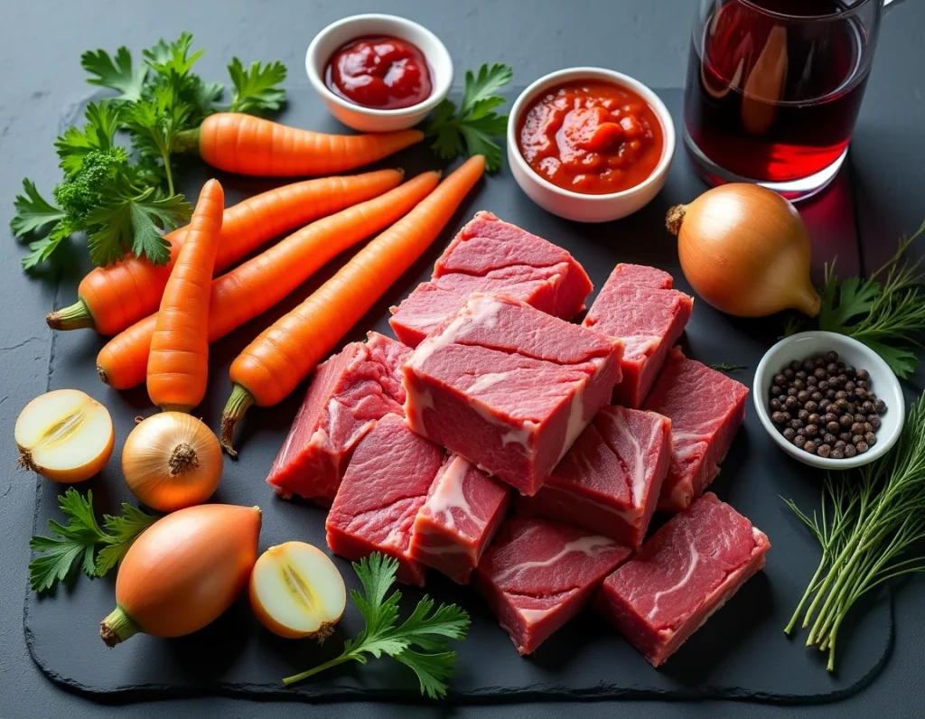 Ingrédients bruts pour bœuf carotte au Cookeo disposés en flat-lay sur ardoise : bœuf marbré, carottes, oignon, bouquet garni et vin rouge