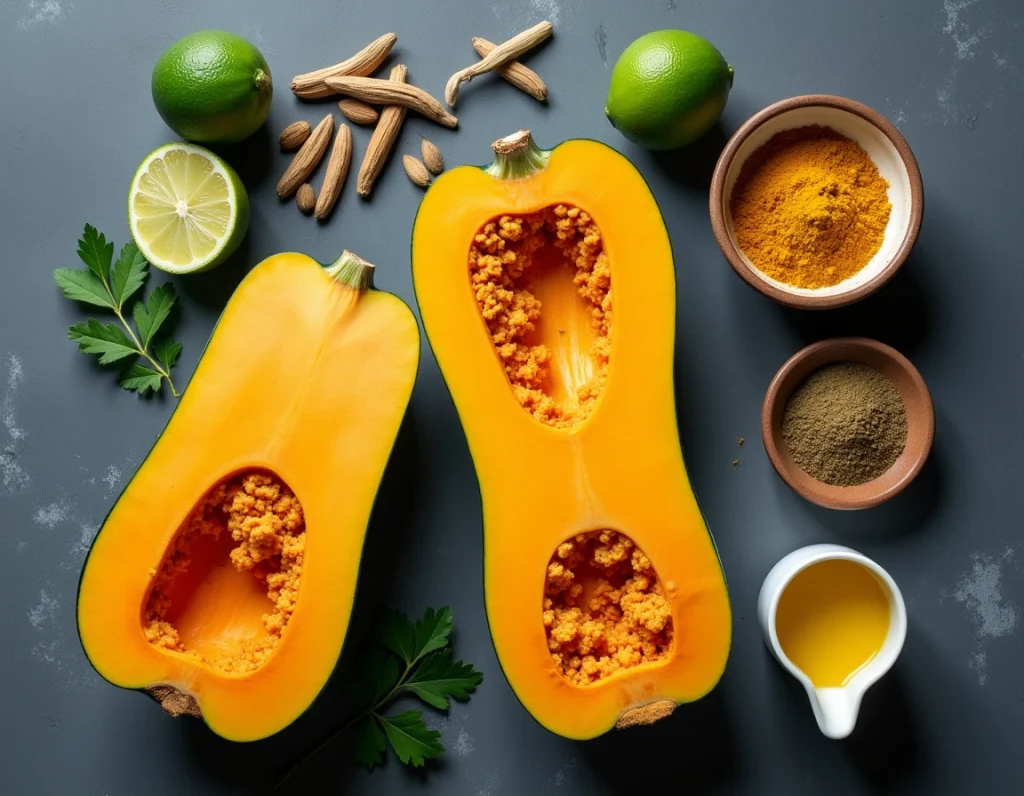 Flat lay des ingrédients pour une recette de courge bleu de Hongrie au curry doux : morceaux de courge, épices, lait de coco et citron vert sur ardoise