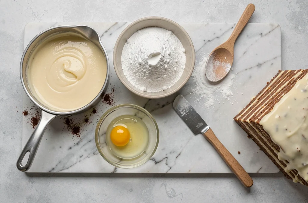 Vue aérienne des ingrédients et ustensiles pour réaliser un glaçage de mille-feuille, avec fondant, sucre glace et spatule sur marbre
