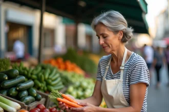 Femme choisissant des légumes de saison sur un marché fermier en plein air