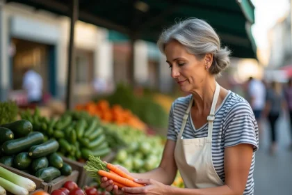 Femme choisissant des légumes de saison sur un marché fermier en plein air
