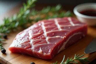 Magret de canard cru avec entailles en losange sur planche en bois, entouré d'herbes fraîches et de sauce au vin rouge pour une cuisson au four