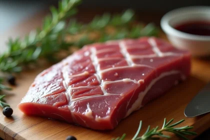 Magret de canard cru avec entailles en losange sur planche en bois, entouré d'herbes fraîches et de sauce au vin rouge pour une cuisson au four