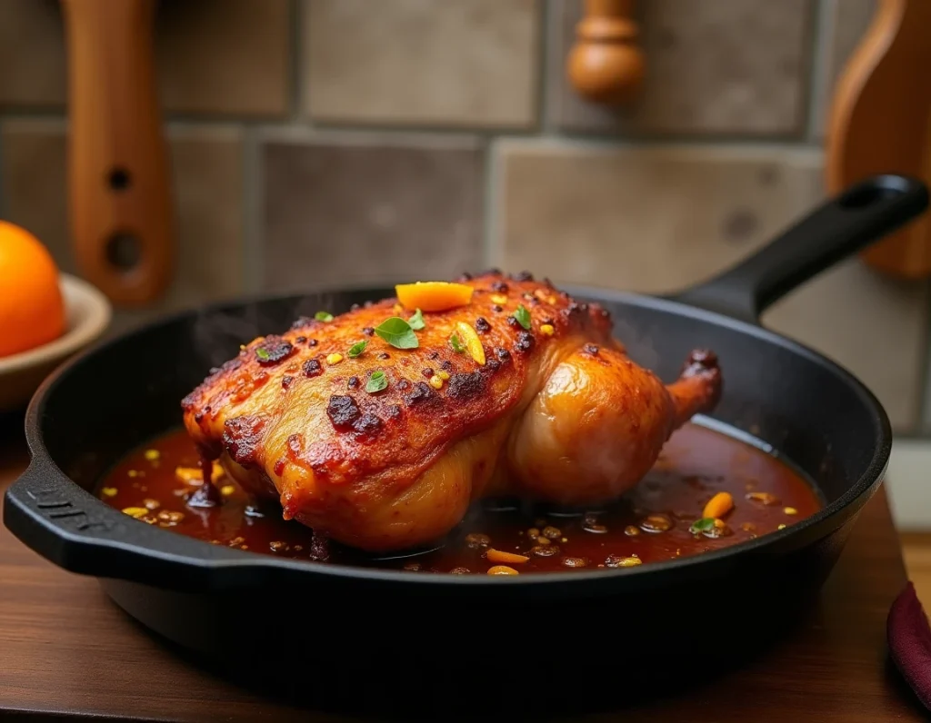 Magret de canard rôti au four dans une poêle en fonte avec sauce glacée à l'orange et au miel, peau dorée et croustillante