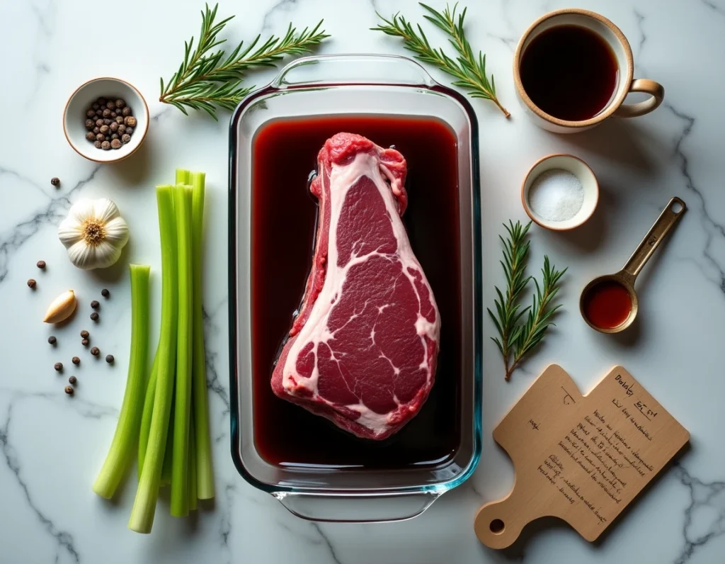 Vue aérienne d'un carré de chevreuil cru marinant dans un plat en verre avec vin rouge, ail, romarin et épices sur marbre blanc