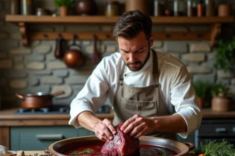 Chef marinant un gigot de chevreuil dans un plat en céramique avec du vin rouge et des herbes aromatiques dans une cuisine rustique en pierre