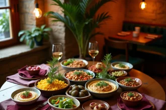 Plateau de mezze libanais servi au restaurant Le Cèdre rue Mouffetard à Paris, avec houmous, taboulé et feuilles de vigne farcies sur table en bois