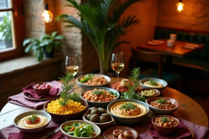 Plateau de mezze libanais servi au restaurant Le Cèdre rue Mouffetard à Paris, avec houmous, taboulé et feuilles de vigne farcies sur table en bois