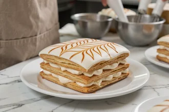 Mille-feuille avec glaçage blanc parfait et lignes caramel en motif plume posé sur une assiette en céramique blanche dans une pâtisserie française