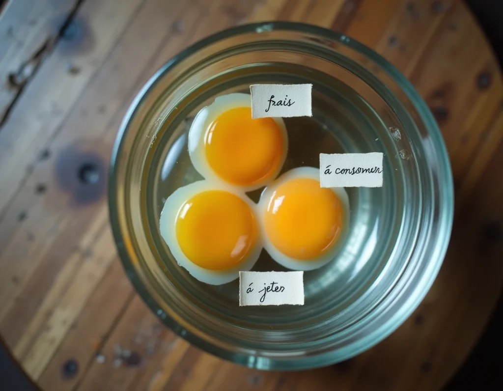 Vue de dessus de trois œufs dans un bol d'eau illustrant les différents stades de fraîcheur, test visuel anti-gaspillage