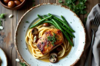 Paupiette de veau maison servie sur assiette blanche avec champignons sautés et haricots verts