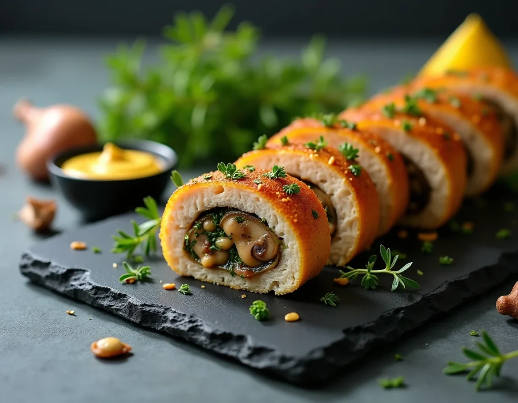 Paupiette de veau tranchée sur ardoise révélant sa farce aux herbes avec sauce moutarde et ingrédients du frigo