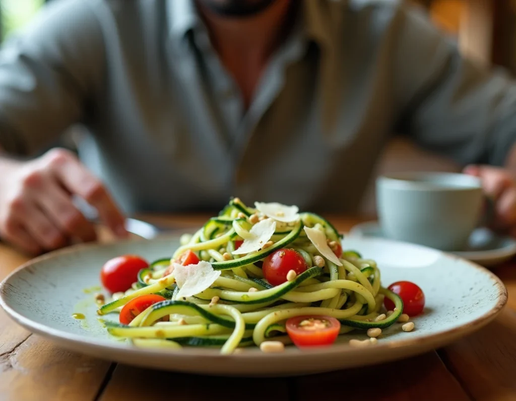 Assiette de courgettes en spirale avec tomates cerises et parmesan sur une table en bois lors d'un déjeuner décontracté