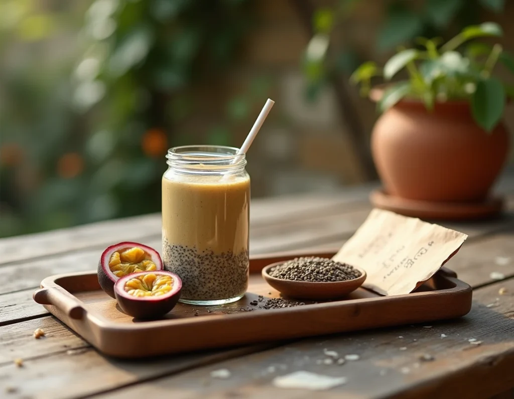 Plateau petit-déjeuner santé avec smoothie aux graines de chia et fruits frais sur une terrasse