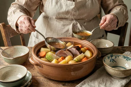 Potée familiale traditionnelle servie dans un plat en céramique sur une table en bois rustique avec légumes et viande fumée