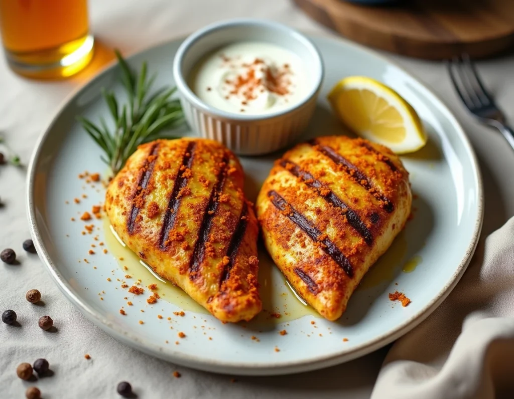 Poulet grillé aux épices dorées servi sur assiette blanche avec sauce au yaourt et citron, vue de dessus