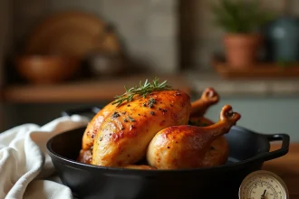 Poulet rôti doré dans une cocotte en fonte avec thermomètre de four indiquant 180 degrés sur une table de cuisine rustique