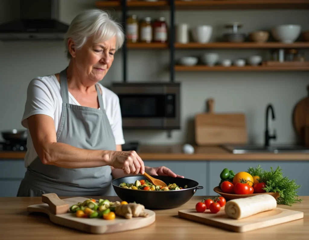 Femme préparant un accompagnement rapide de légumes sautés pour paupiette de veau dans une cuisine familiale