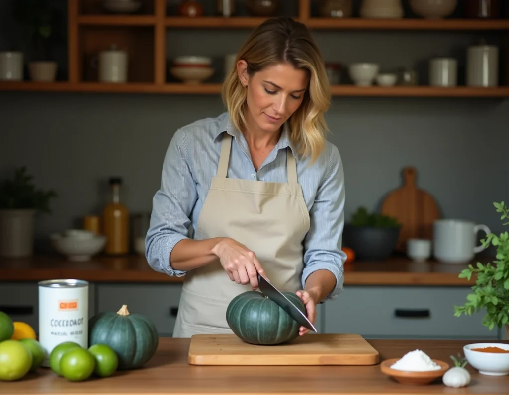 Femme préparant une courge bleu de Hongrie en cuisine avec épices curry, lait de coco et citrons verts pour une recette maison