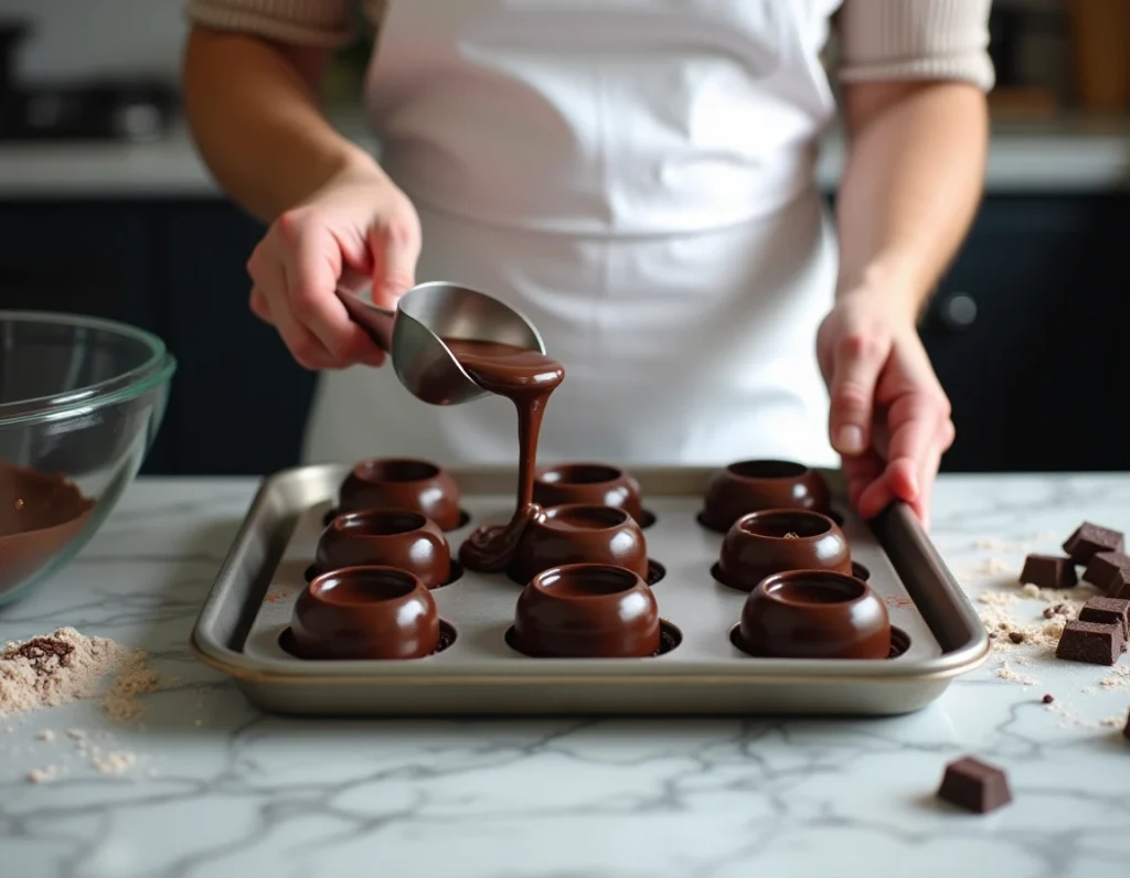 Chef pâtissier versant la préparation de fondant au chocolat dans des moules en silicone sur un plan de travail en marbre