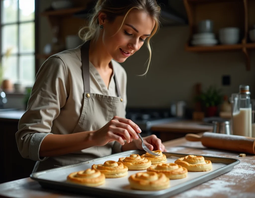 Femme préparant des vol-au-vent crus sur une plaque de cuisson avant précuisson pour bouchée à la reine