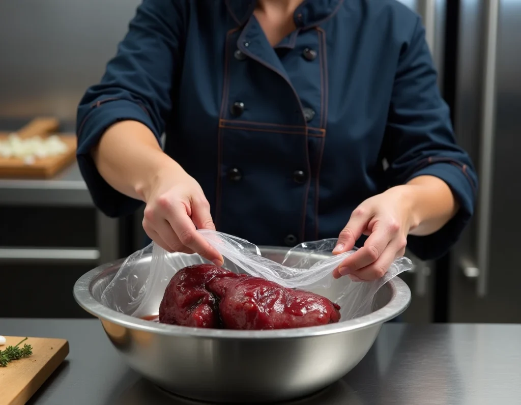 Cuisinière professionnelle couvrant un épaule de chevreuil marinée dans un saladier en inox avant réfrigération dans une cuisine professionnelle