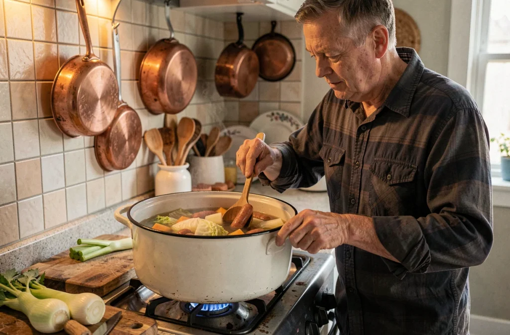 Homme préparant une potée familiale dans une cuisine rustique avec une grande cocotte sur une cuisinière à gaz