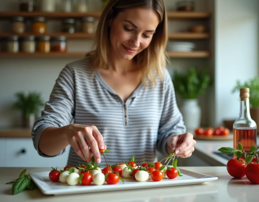 Femme préparant rapidement des mini brochettes caprese pour un apéro dinatoire facile et rapide dans une cuisine moderne