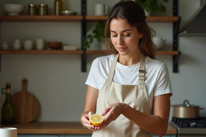 Femme pressant un citron frais au-dessus d'un bol en céramique dans une cuisine maison minimaliste avec peu d'ingrédients