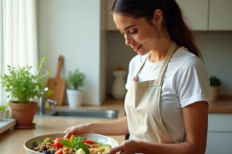 Femme préparant un Buddha bowl léger avec quinoa et légumes rôtis dans une cuisine moderne en semaine