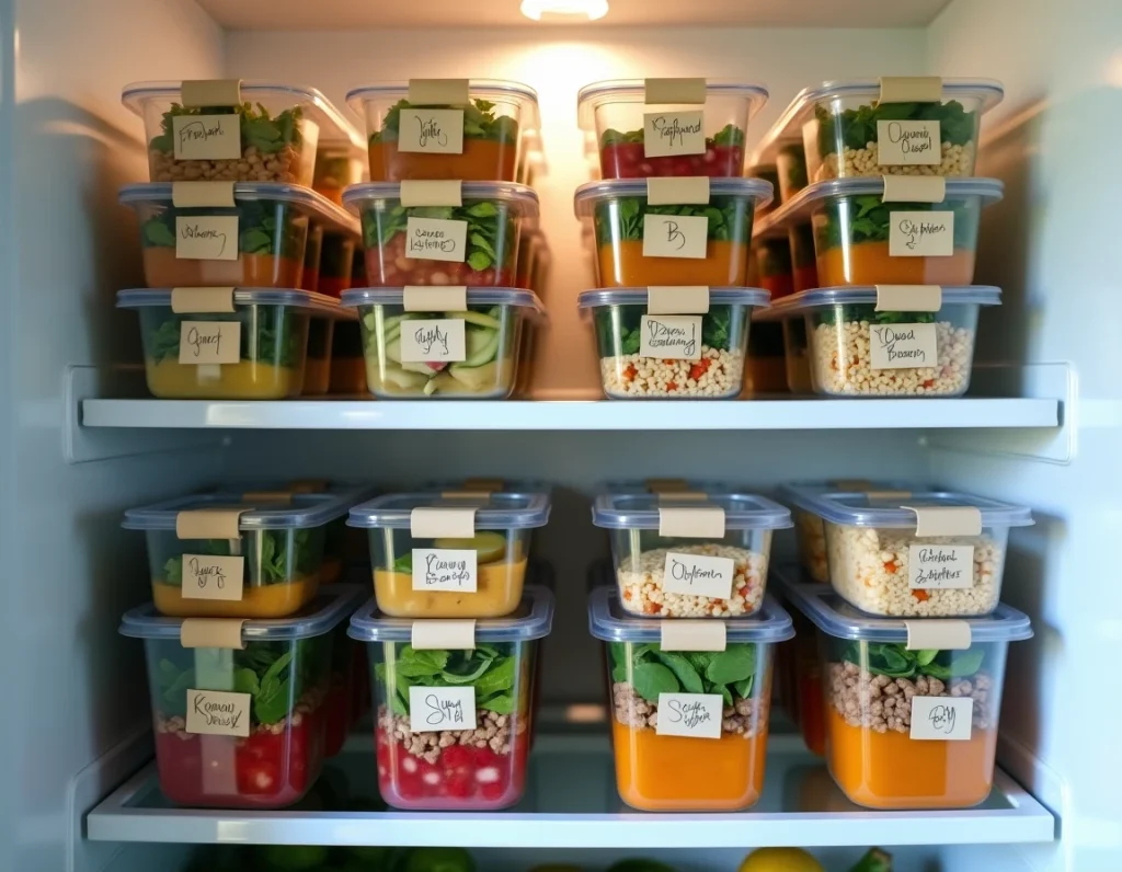 Réfrigérateur organisé avec des portions de repas en batch cooking étiquetées pour la semaine