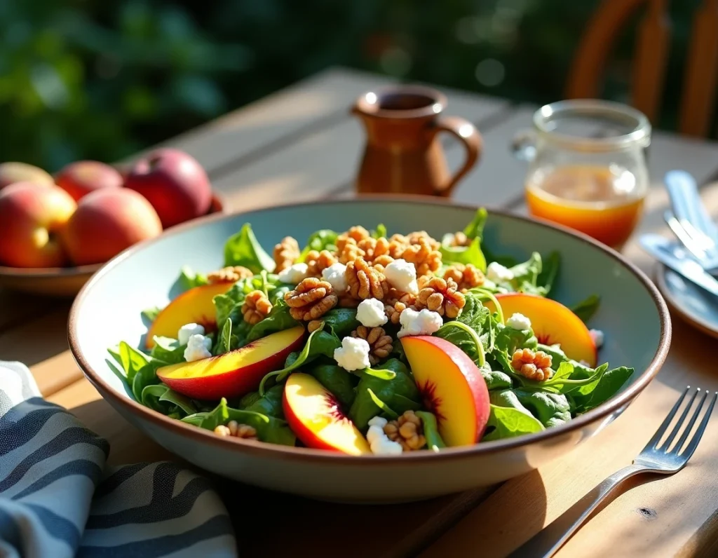 Grande salade d'été colorée avec roquette, pêches, noix et vinaigrette maison ambrée dans un bol en céramique sur une table de jardin en bois patiné