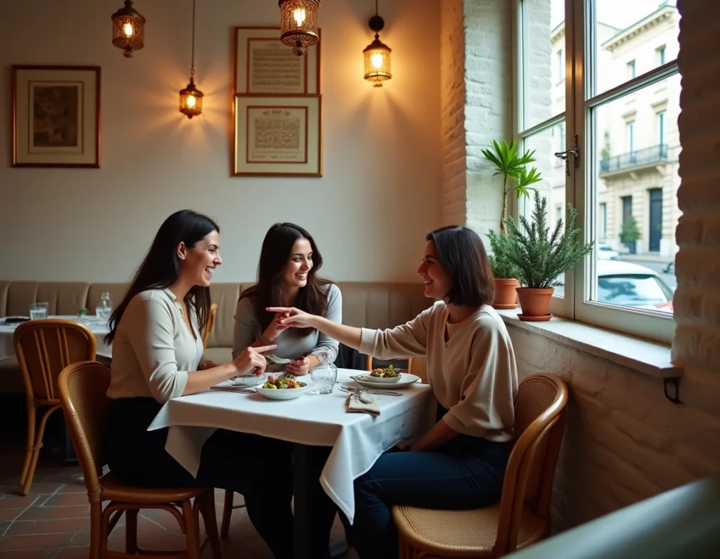 Salle du restaurant Le Cèdre rue Mouffetard à Paris avec deux clientes attablées partageant un repas libanais dans un cadre chaleureux aux murs en pierre