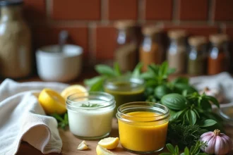 Trois sauces maison allégées dans des ramequins en verre sur un comptoir en bois rustique, entourées d'ingrédients frais comme le citron, l'ail et l'aneth