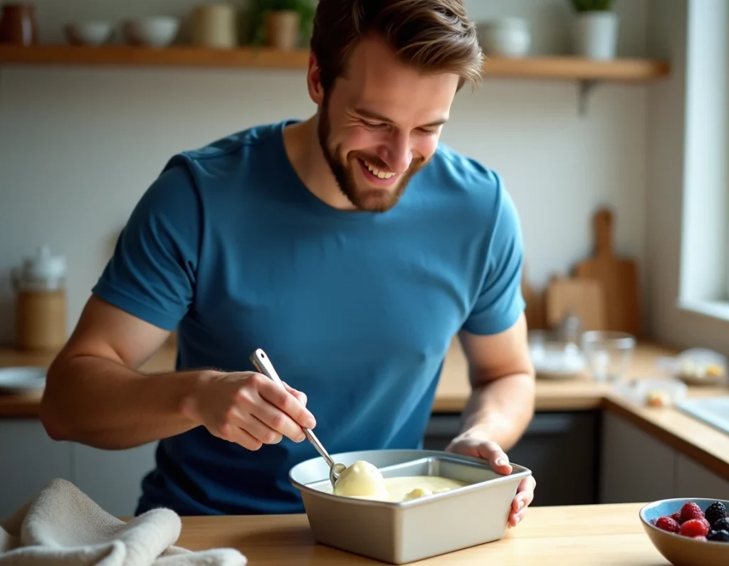 Jeune homme servant une glace maison sans œuf avec une cuillère à glace dans un bol en céramique, entouré de fruits rouges dans une cuisine moderne