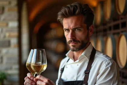 Sommelier tenant un verre de Sauvignon franc dans une cave viticole contemporaine, analysant la robe dorée du vin