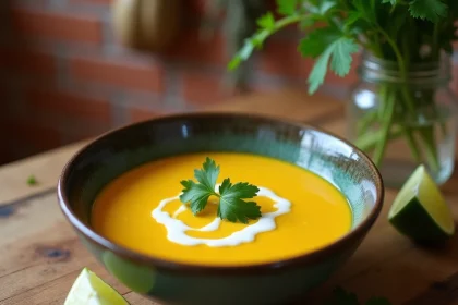 Bol de soupe au curry doux de courge bleu de Hongrie avec lait de coco et citron vert, servi dans un bol en céramique rustique sur table en bois