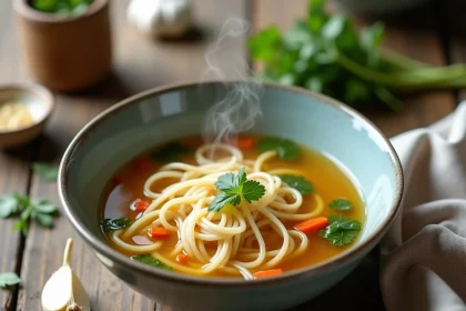 Bol de soupe vermicelle maison fumante sur une table en bois rustique, remède grand-mère contre le rhume