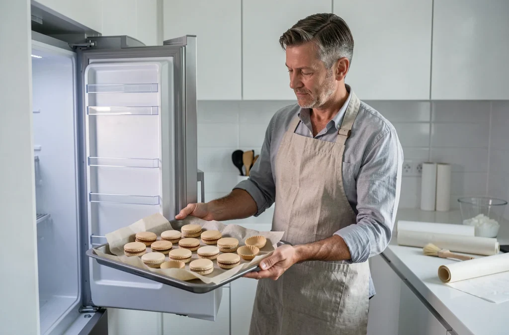 Homme en tablier de lin récupérant un plateau de coques de macarons vides séparées par du papier sulfurisé dans le tiroir d'un réfrigérateur dans une cuisine moderne