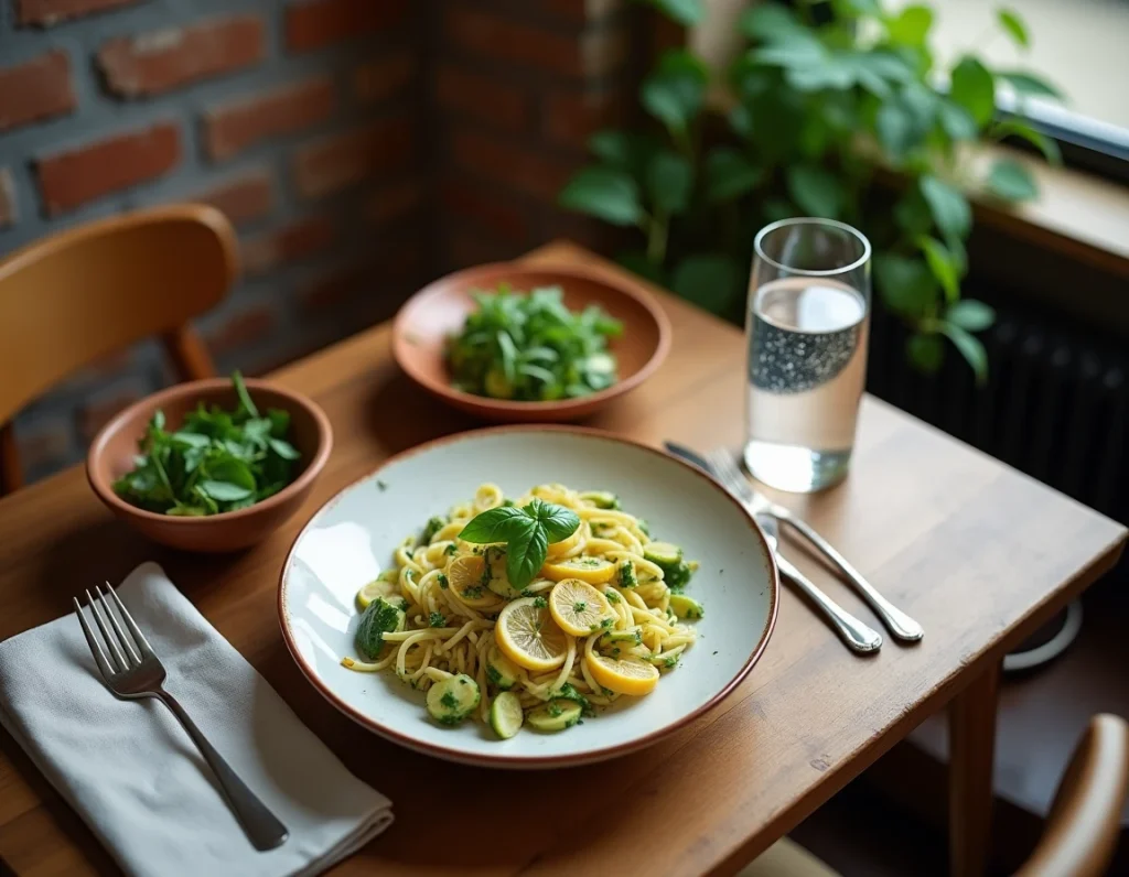Table de dîner de semaine dressée avec des pâtes légères aux courgettes et citron, salade et eau pétillante
