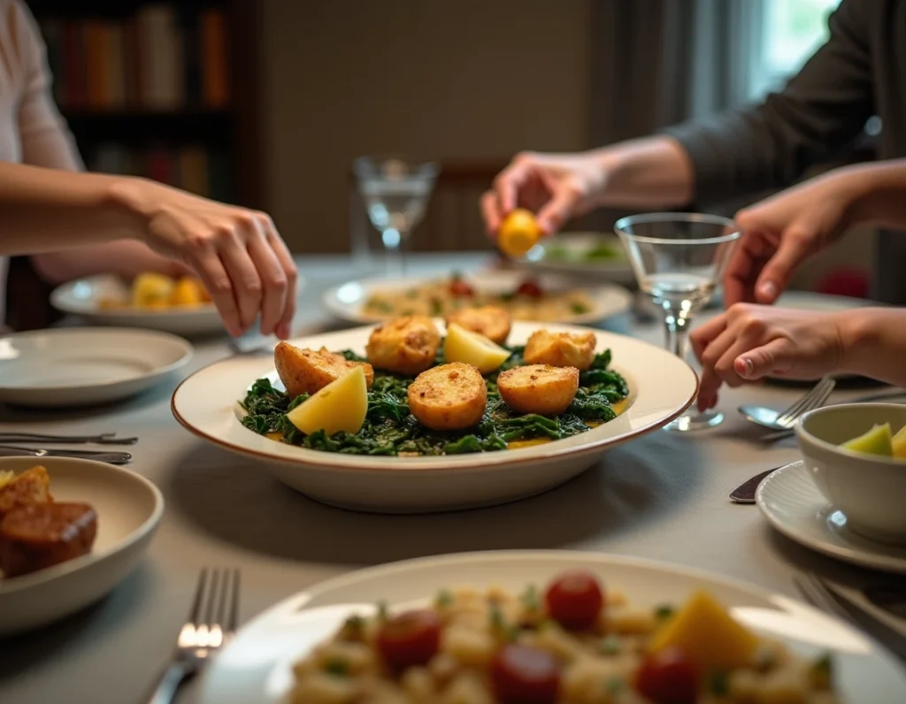 Table familiale avec plat de paupiettes de veau et accompagnements du quotidien pour un dîner improvisé