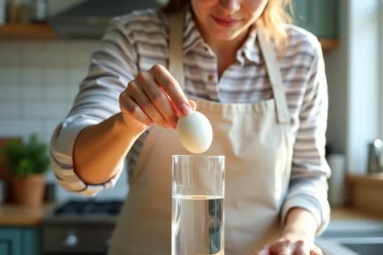 Femme versant un œuf dans un verre d'eau pour tester sa fraîcheur, expérience anti-gaspillage dans une cuisine familiale