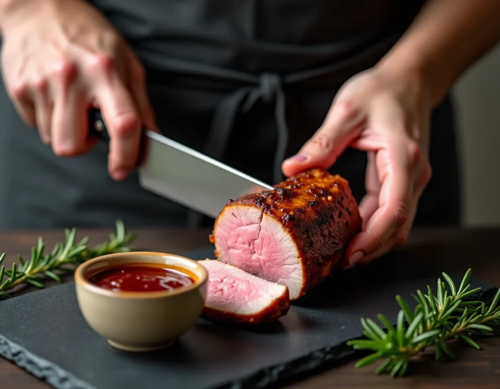 Chef tranchant un magret de canard cuit au four à chair rosée sur ardoise, servi avec une sauce brillante aux cerises et romarin