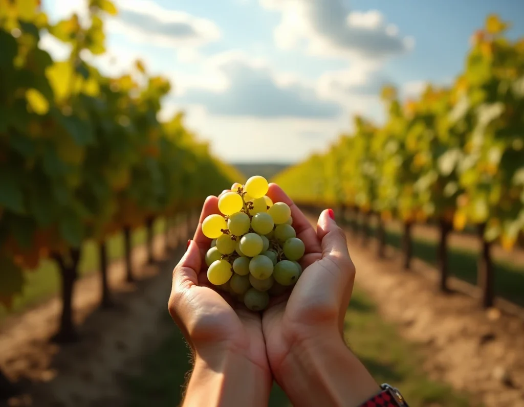 Mains de vigneronne tenant une grappe de raisin Sauvignon franc fraîchement récoltée dans un vignoble de la Loire en automne