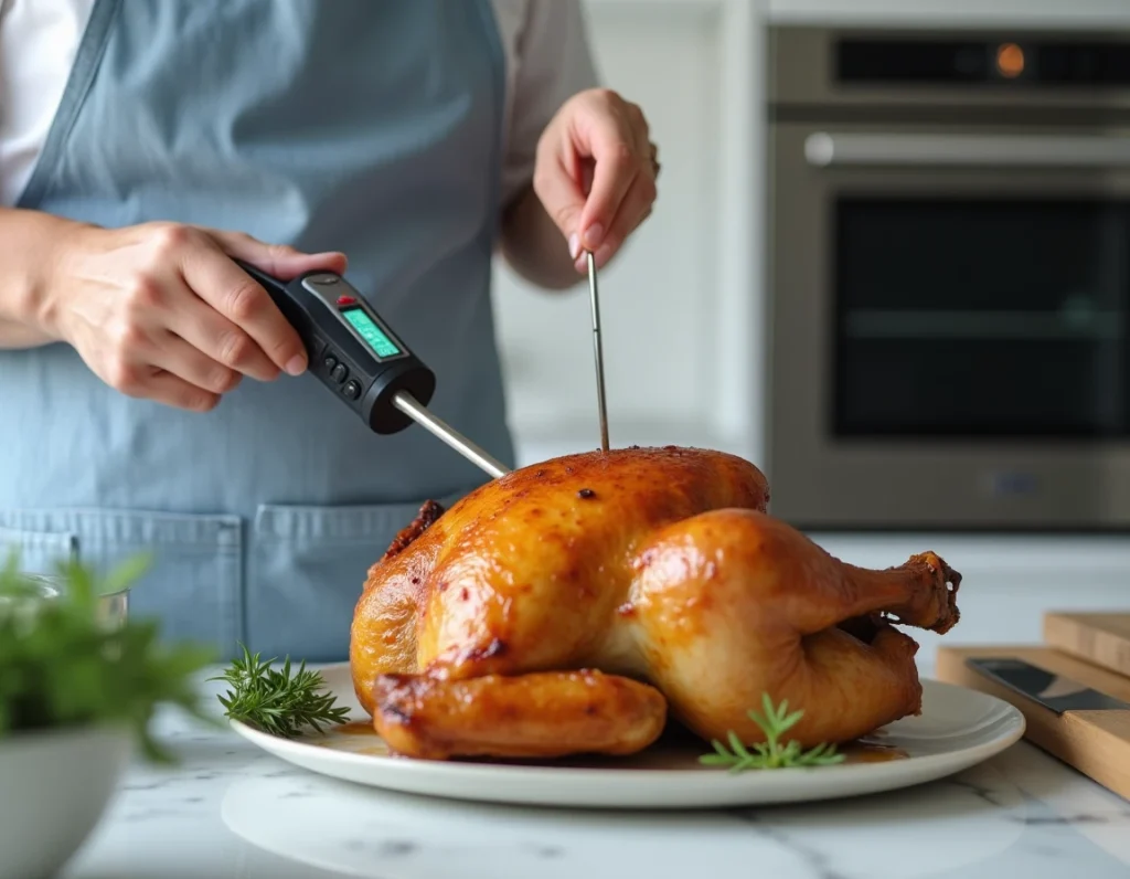 Cuisinier vérifiant la température interne d'un poulet rôti avec un thermomètre à sonde numérique dans une cuisine moderne