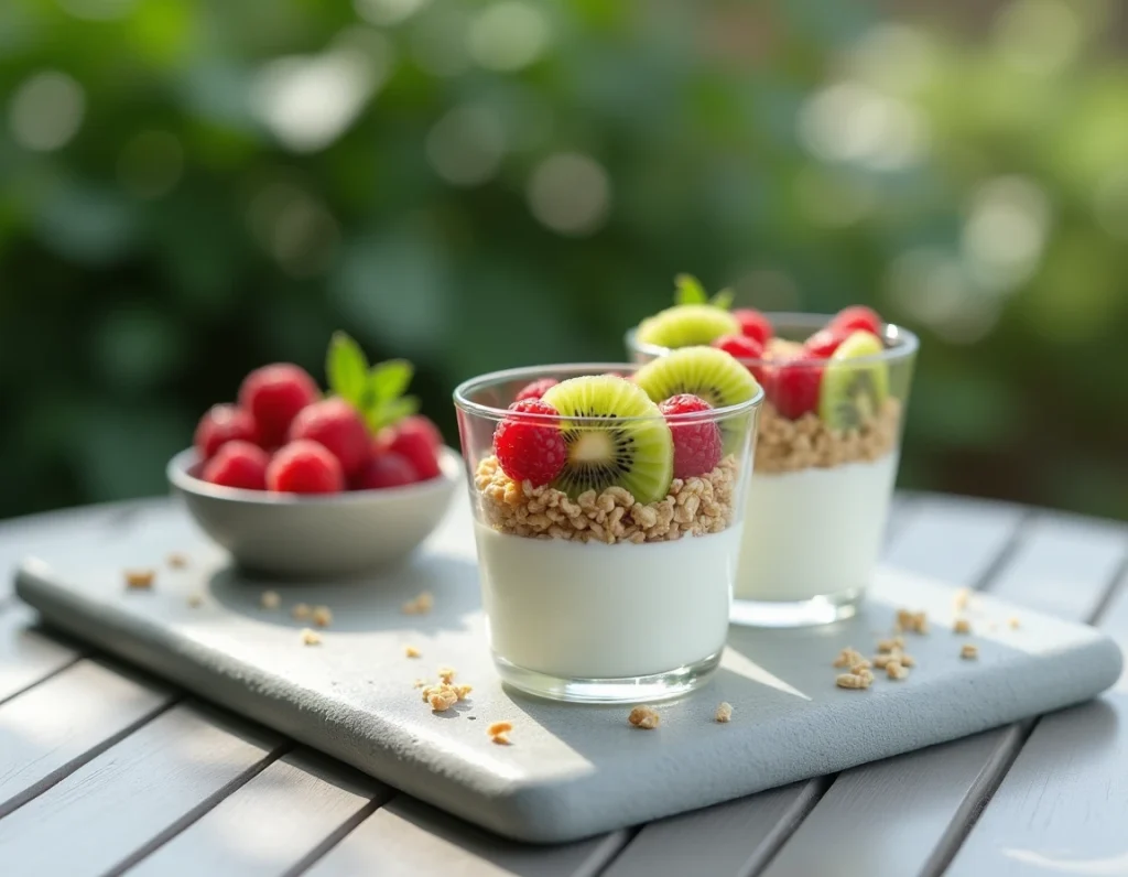 Deux verrines de yaourt nature en couches avec granola, kiwi et framboises posées sur un plateau en pierre sur une terrasse extérieure