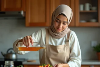 Femme musulmane versant du vinaigre d'alcool halal dans une vinaigrette maison dans une cuisine moderne