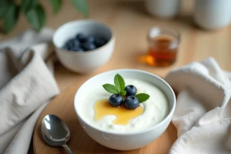 Bol de yaourt nature garni de myrtilles fraîches et d'un filet de miel, présenté comme un dessert minceur sain sur une table en bois clair