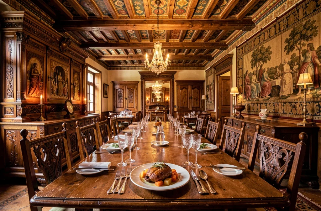 Grande salle de l'Auberge des Templiers à Boismorand avec mobilier sculpté, poutres peintes et table gastronomique dressée avec argenterie et cristal