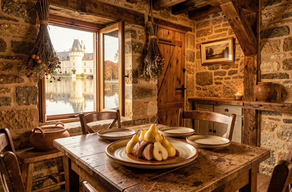 Table de l'Auberge Pom'Poire à Azay-le-Rideau avec assiette régionale à la poire et porc tourangeau, décor en pierre et vue sur le château d'Azay-le-Rideau